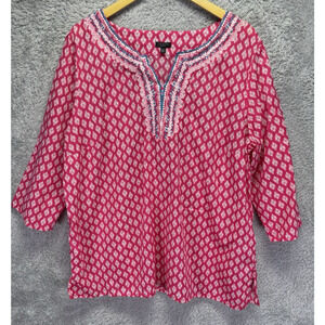 Talbots 2x Petit Pink White Popover Top Embroidered‎ V Neck Cotton Beach Coastal